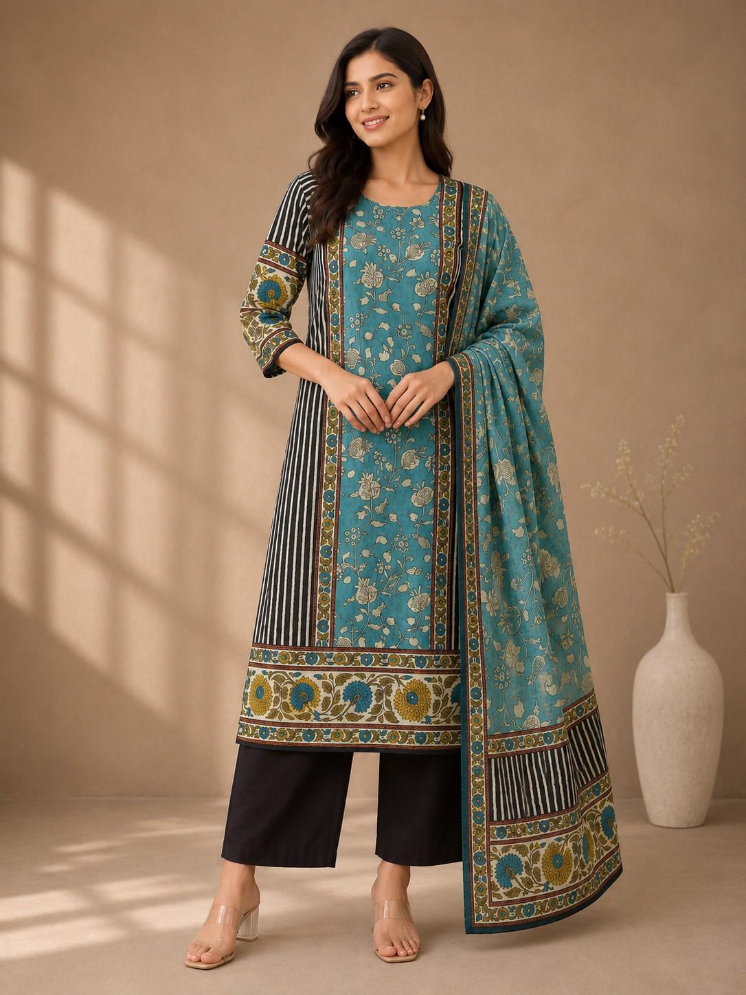 Pen Kalamkari Teal blue and black